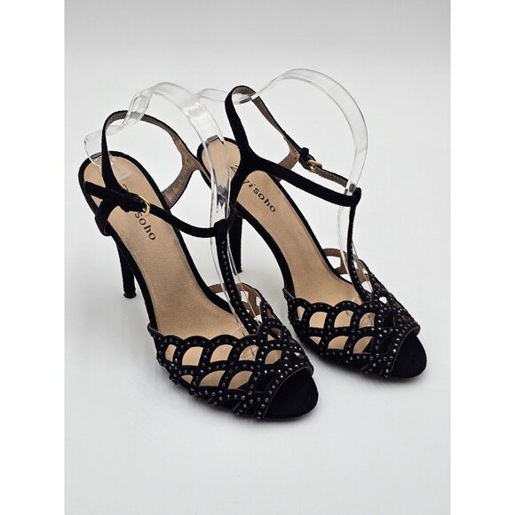Black Rhinestone T-Strap Heels By Zigzosoho Sz 8.5 Prom Wedding Eveningwear - Picture 1 of 11